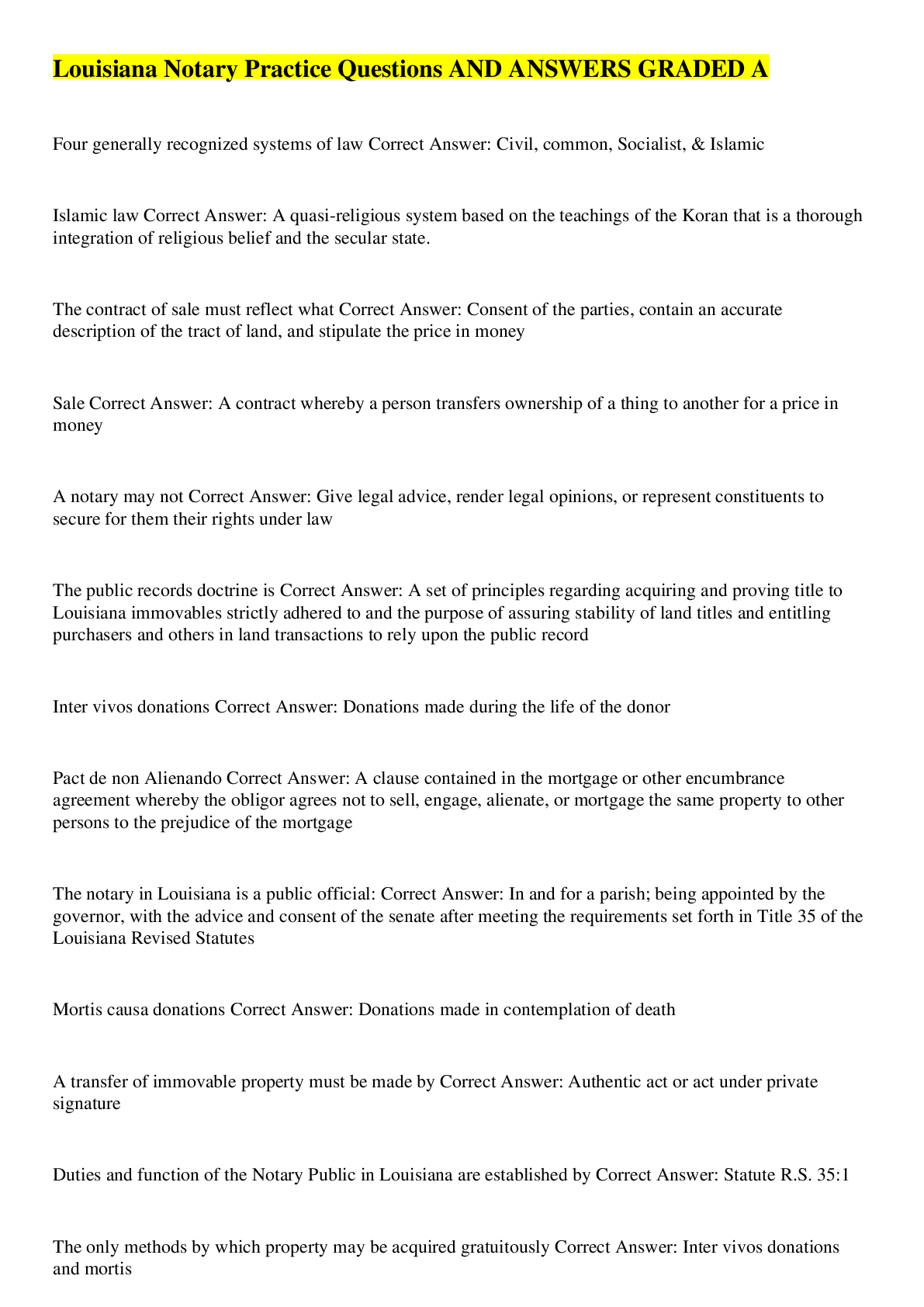 Preview image for Louisiana Notary Practice Questions AND ANSWERS GRADED A